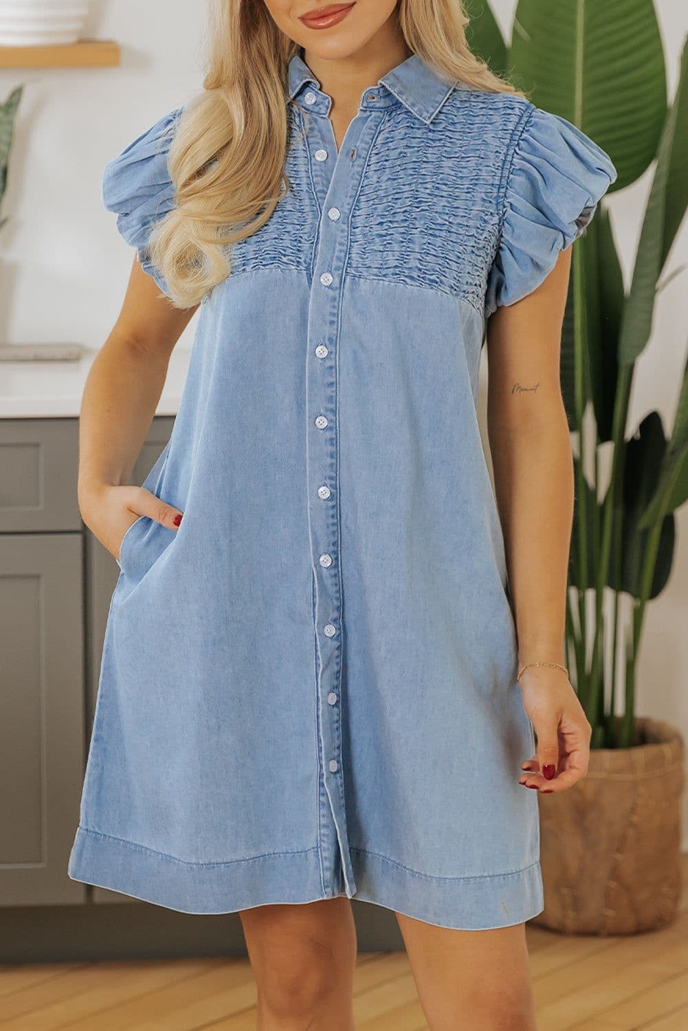 image-Beau Blue Denim Mini Dress with Flutter Sleeves and Shirred Detail