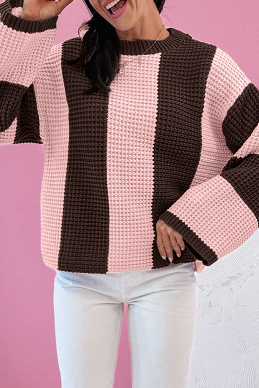 image-Fushia Striped Color Block Thermal Knit Sweater