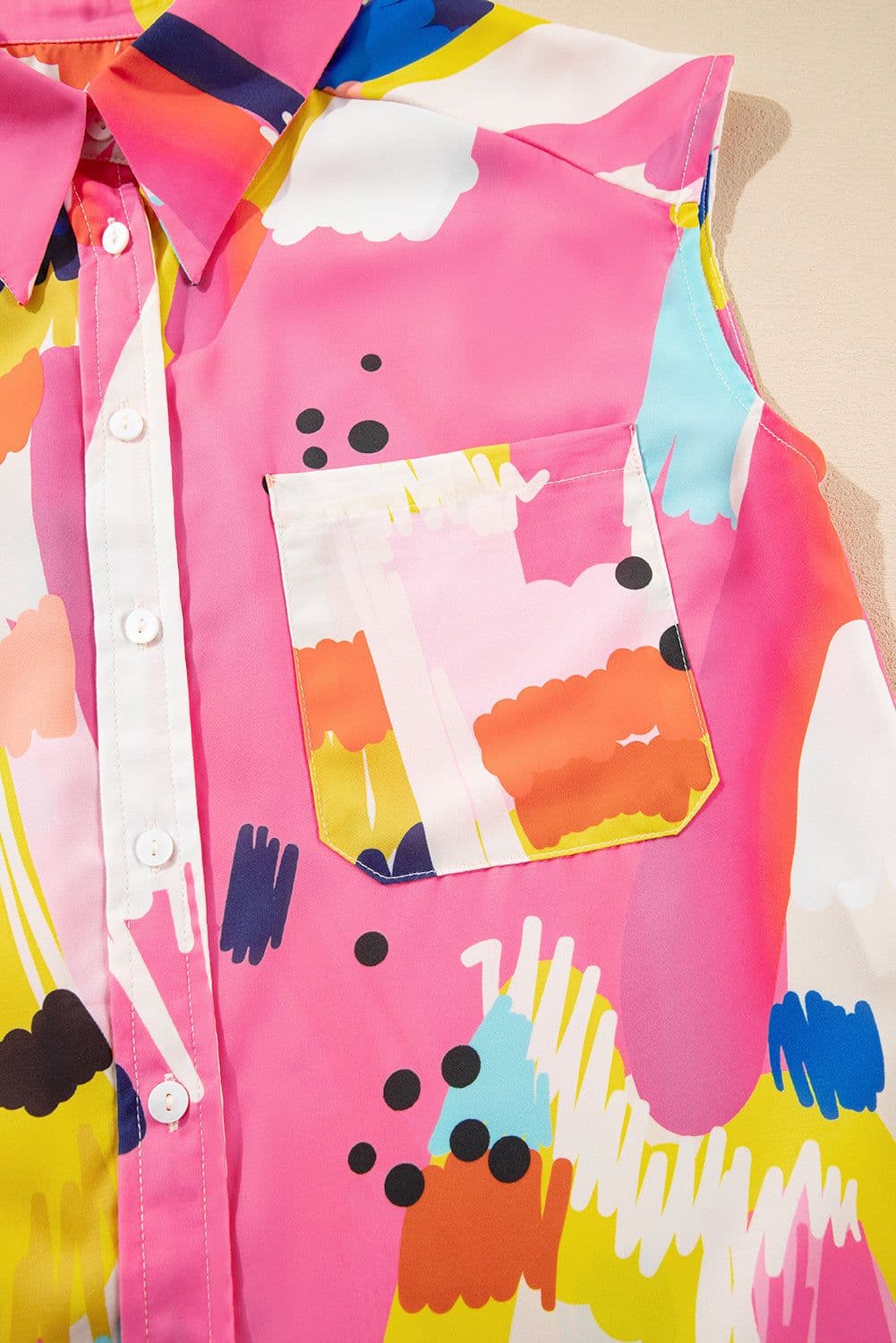 image-Multicolour Abstract Print Collared Cap Sleeve Shirt