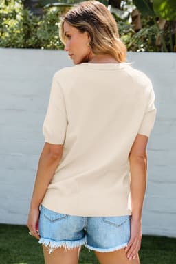 image-Beige Flower Pattern Short Sleeve Knitted Top