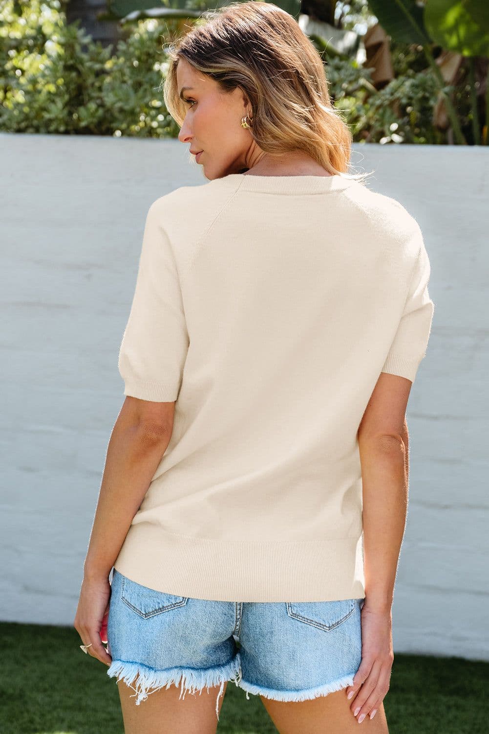 image-Beige Flower Pattern Short Sleeve Knitted Top