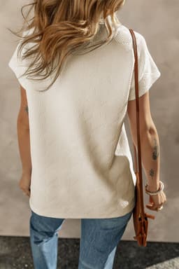 image-White Textured V Neck Collared Short Sleeve Top