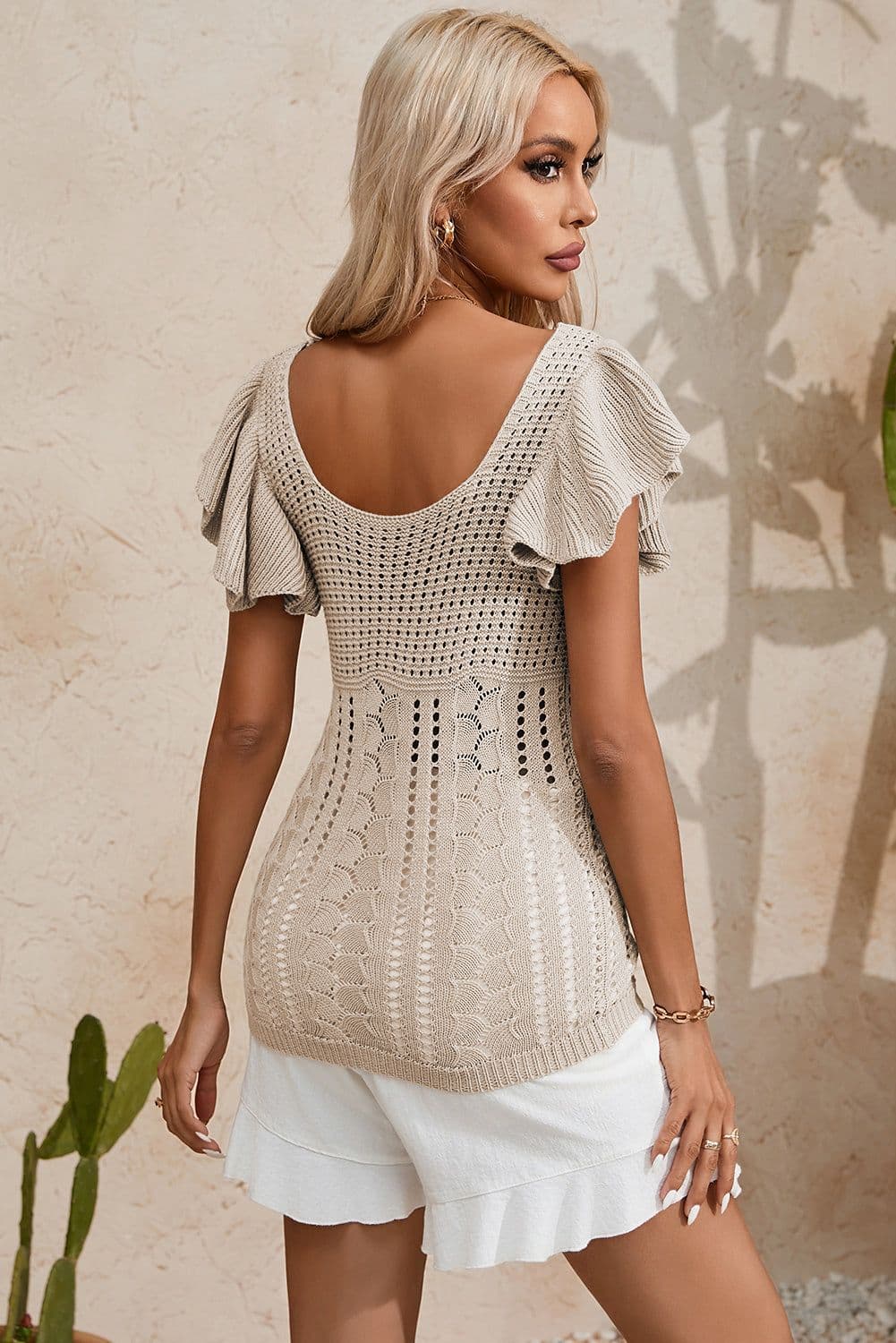 image-Beige Pointelle Knit Flutter Sleeve Sweater - Versatile & Chic