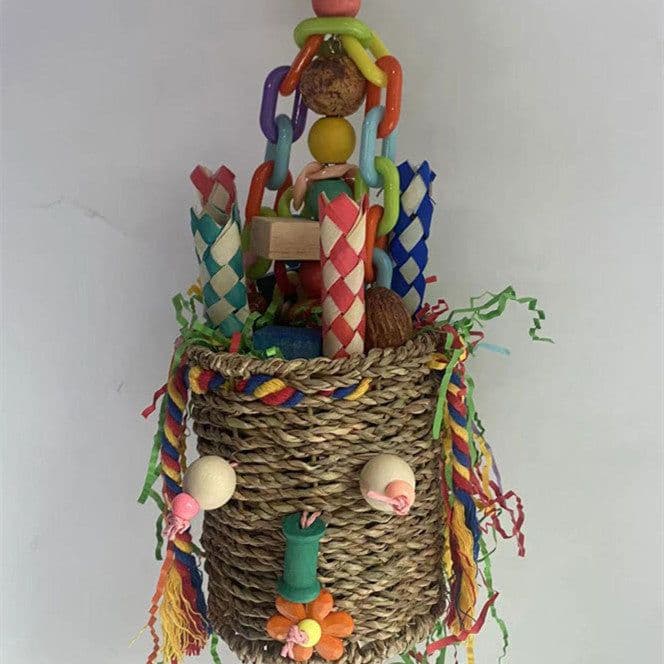 image-Large Parrot Halloween Shaped Chew Nut Colored Paper Grass Woven Puzzle Bird Toy