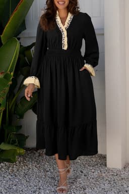 image-Black Contrast Leopard Frilled Trim V Neck Bracelet Sleeve Midi Dress