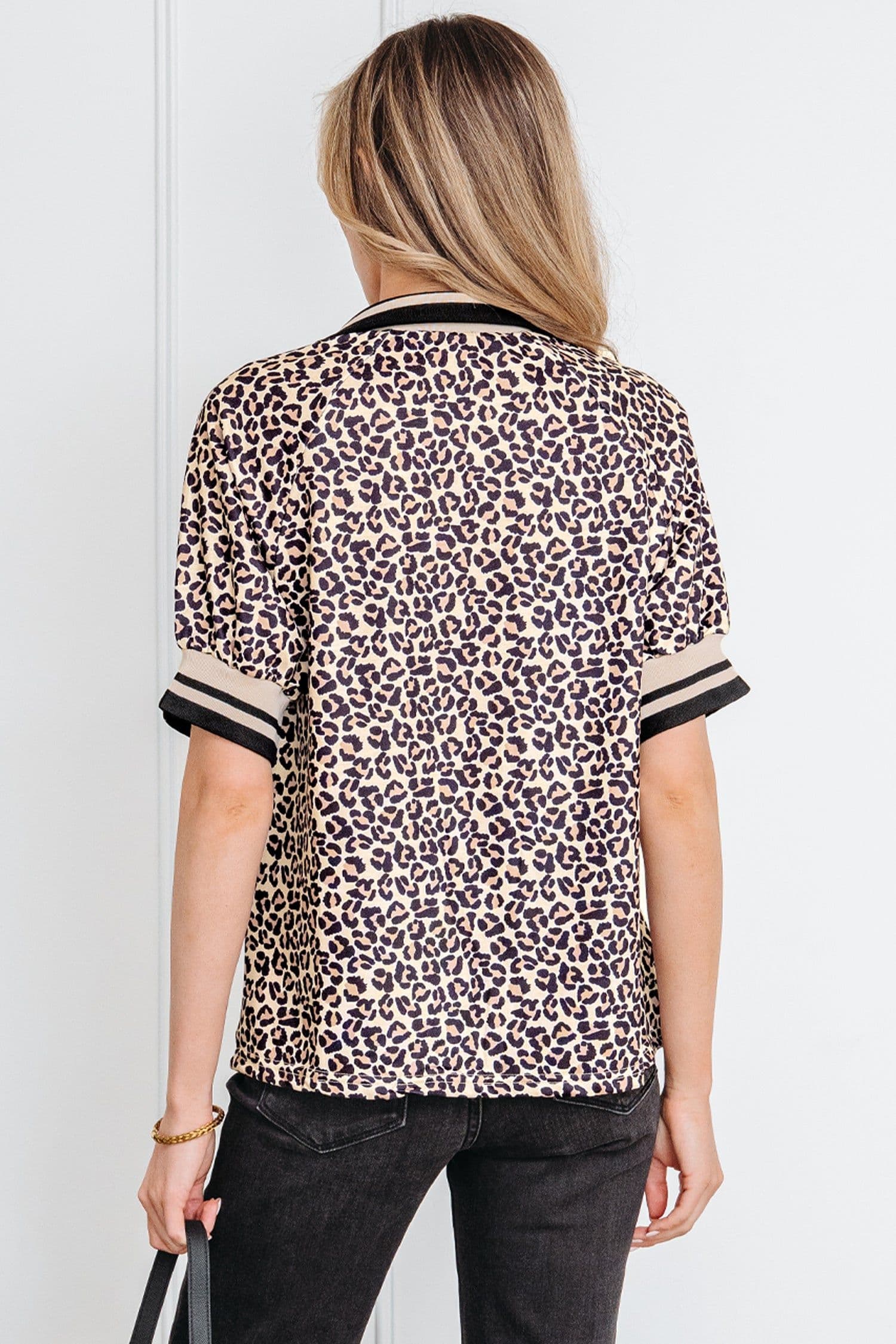image-Brown Leopard Print Half Zip Striped Trim Patchwork Short Sleeve Top