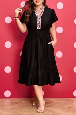 image-Black Leopard V Neck Patchwork Smocked Waist Plus Size Ruffled Dress