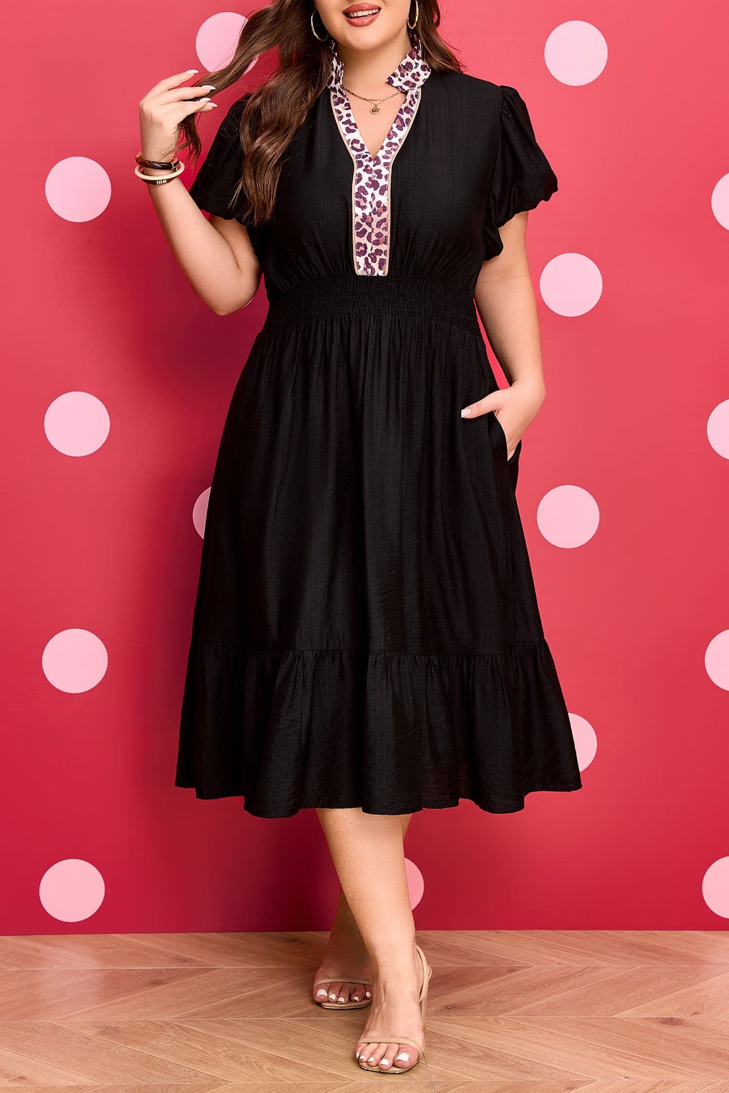 image-Black Leopard V Neck Patchwork Smocked Waist Plus Size Ruffled Dress