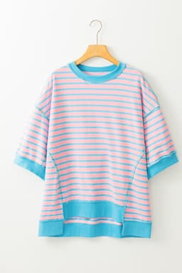 image-Pink Stripe Oversized Contrast Trim Exposed Seam High Low T Shirt