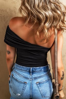 image-Solid Color Pleated One Shoulder Bodysuit - Black