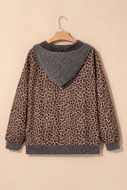 image-Khaki Ribbed Leopard Print Zip Hooded Sweatshirt