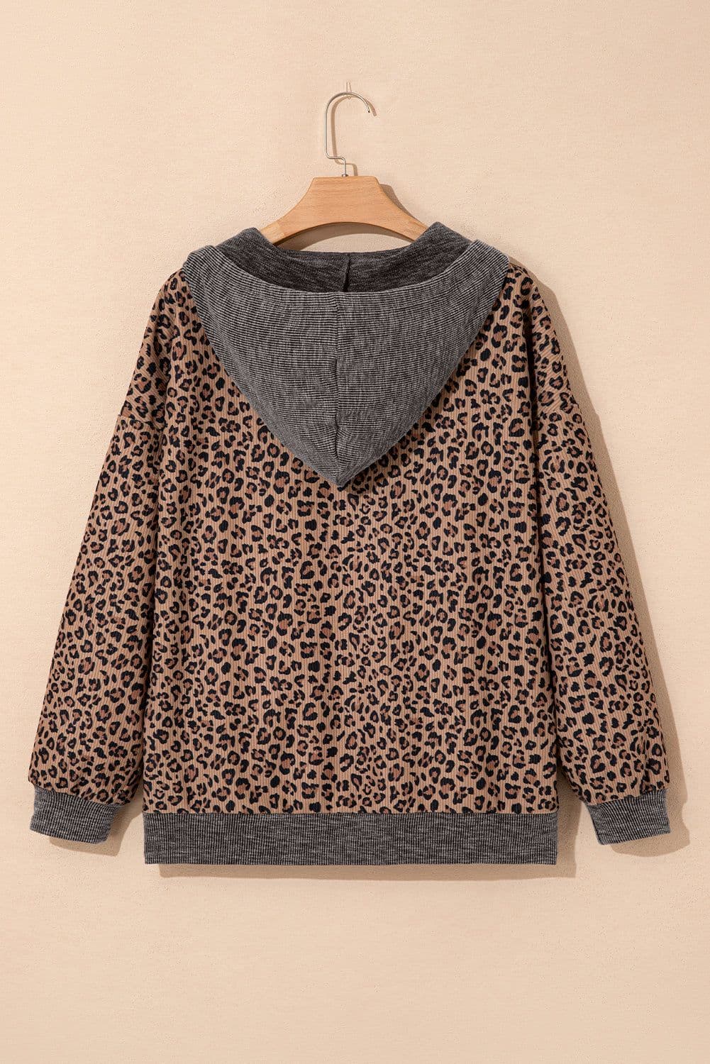 image-Khaki Ribbed Leopard Print Zip Hooded Sweatshirt