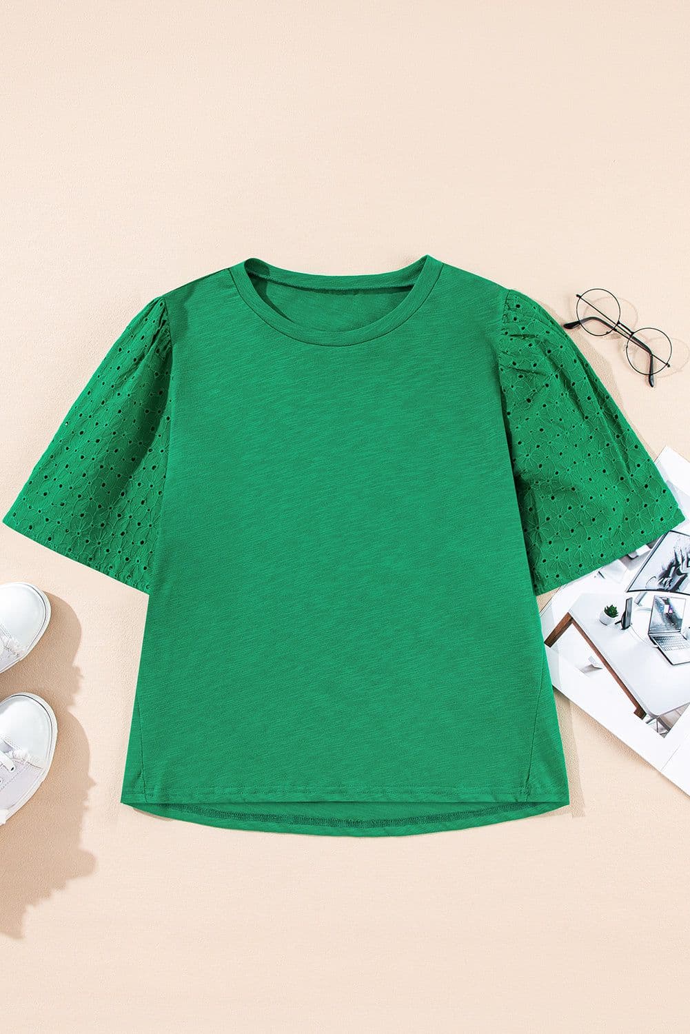 image-Bright Green Eyelet Embroidered Patchwork Shift Top