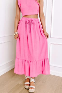 image-Bonbon Textured Ruffle Trim Crop Vest Lace-up Long Skirt Set
