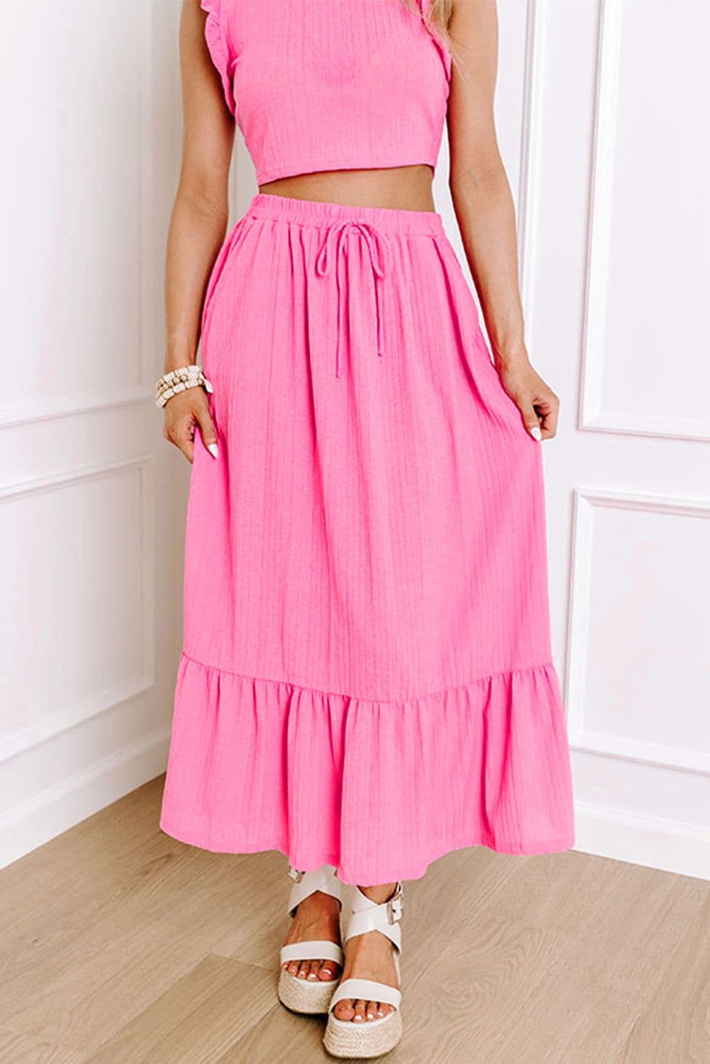 image-Bonbon Textured Ruffle Trim Crop Vest Lace-up Long Skirt Set