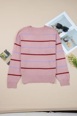 image-Pink Stripe Ribbed Edge Drop Shoulder Sweater