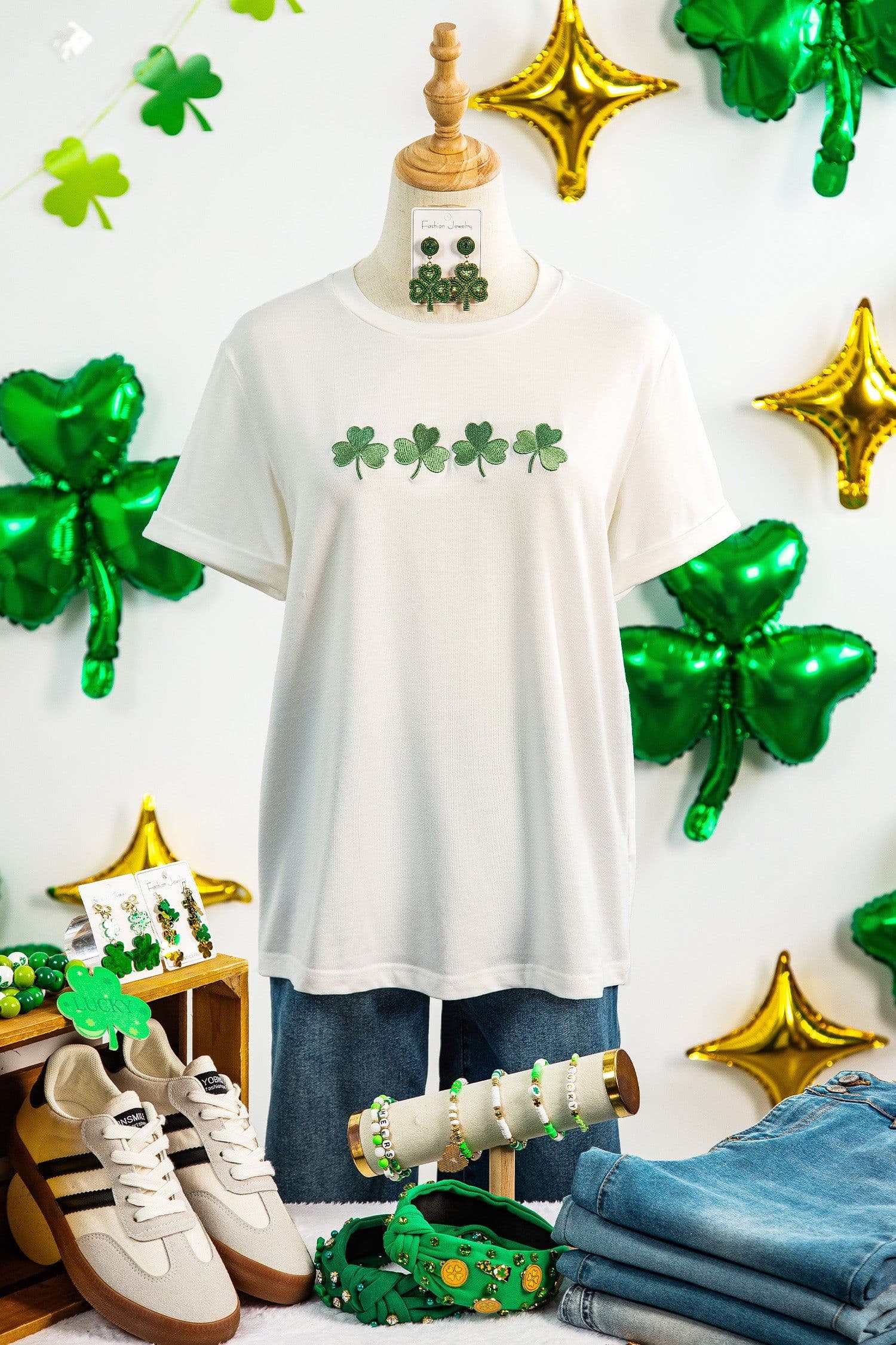 image-White Clover Embroidered St Patricks Day Tee