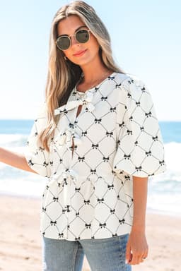image-White Bowknot Blouse Bubble Sleeve Front Knots