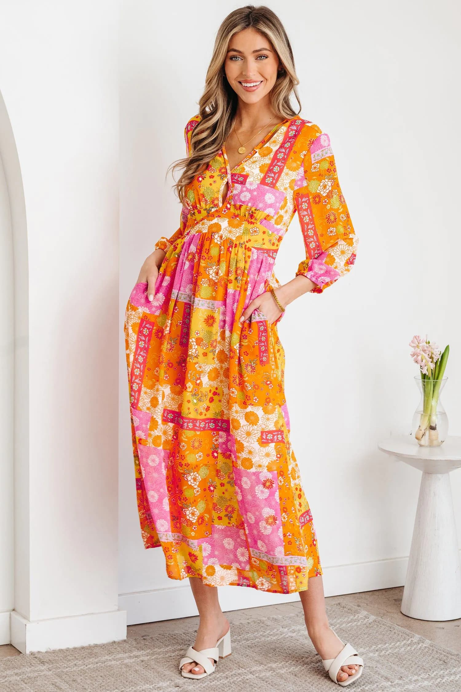 image-Orange Floral Patchwork Maxi Dress - Cutout Tie Back