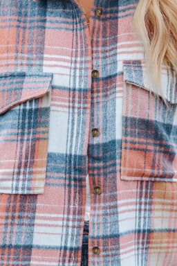 image-Shacket with Pink/Black Plaid Flap Pockets - Chic Style, Loose Fit (65 characters)