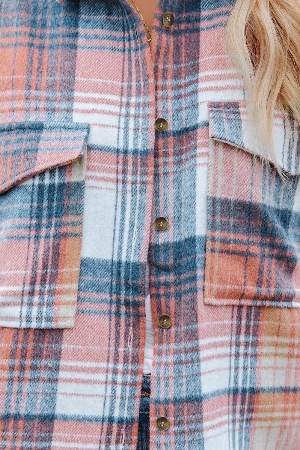 image-Shacket with Pink/Black Plaid Flap Pockets - Chic Style, Loose Fit (65 characters)