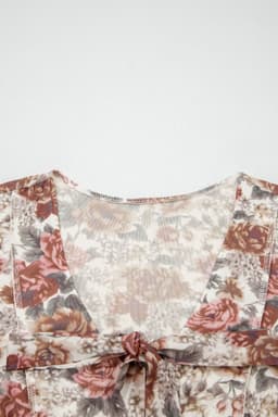 image-Red Floral Print Stitched Detail Tie V Neck Long Bell Sleeve Blouse