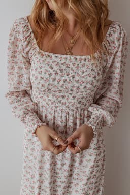 image-Floral Print Shirred Ruffled Hem Midi Dress - White