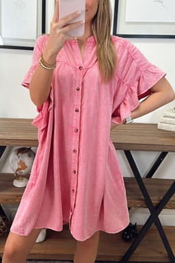 image-Pink Ruffled Short Sleeve Buttoned Denim Mini Dress