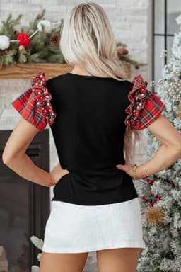 image-Black Plaid Ruffle Short Sleeve T-Shirt Pearl