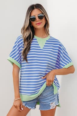 image-Sky Blue Stripe Top - Loose Short Sleeve Contrast Trim - Sizes Available
