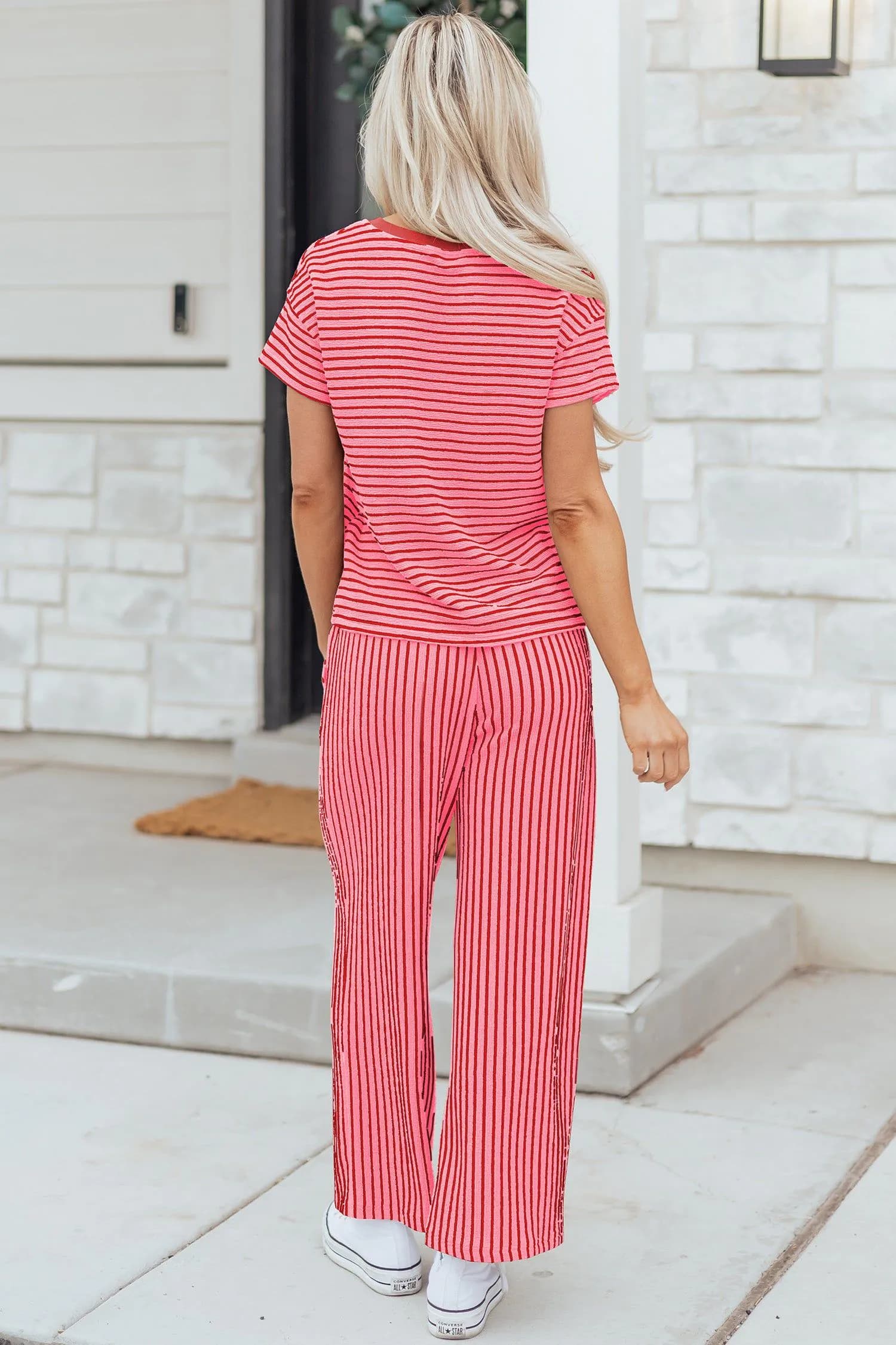image-Khaki Stripe Crew Neck Tee Drawstring Waist Cropped Pants Set