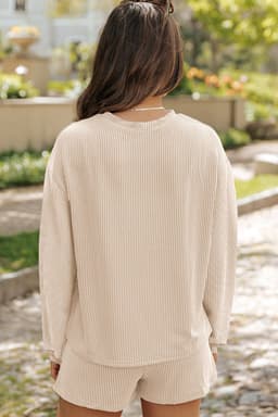 image-Corded Knit Long Sleeve Top & High Waist Shorts Set, Carbon Grey