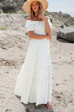 image-White Floral Maxi Dress Shirred Bodice Tiered