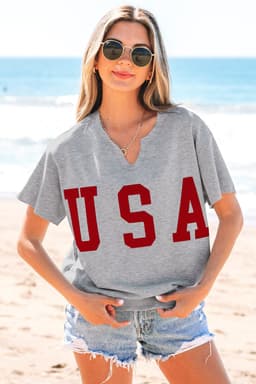 image-Light Grey USA Lettering Patch Notched Neck Loose Tee