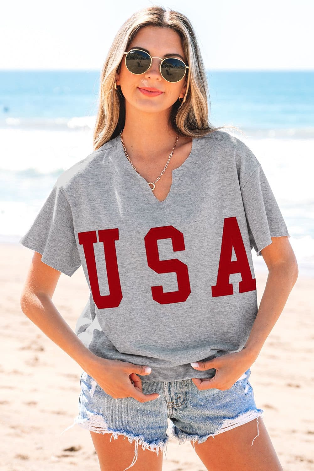 image-Light Grey USA Lettering Patch Notched Neck Loose Tee