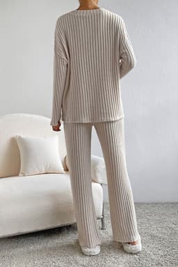 image-Ribbed Knit V Neck Slouchy Two-Piece Outfit - Khaki Modern Chic