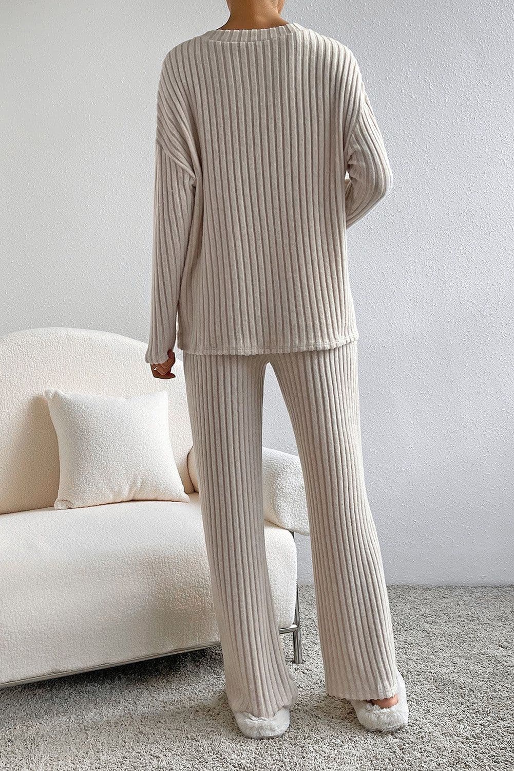 image-Ribbed Knit V Neck Slouchy Two-Piece Outfit - Khaki Modern Chic