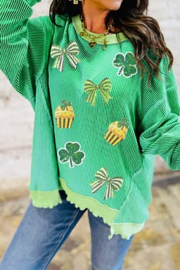 image-Bright Green Twisted Rib St Patricks Day Sequin Patch Graphic Long Sleeve Top