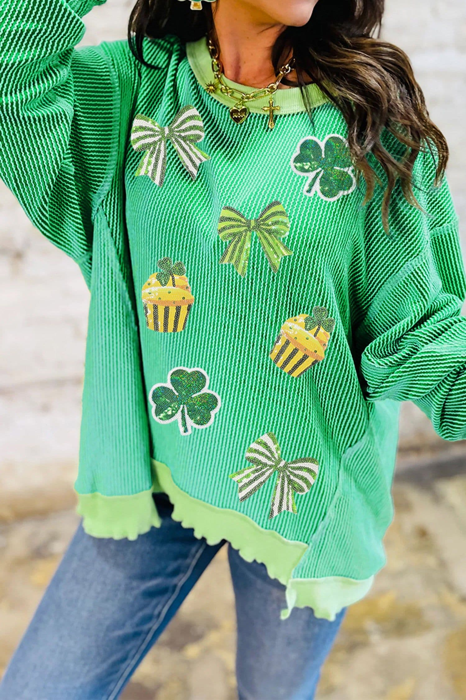 image-Bright Green Twisted Rib St Patricks Day Sequin Patch Graphic Long Sleeve Top