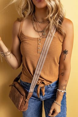 image-Ribbed Strap Tank Top - Yellow, Sizes S-XL, High Elasticity