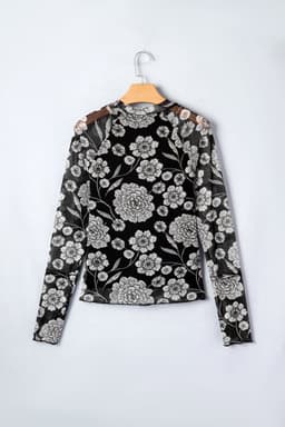 image-Black Thumbhole Long Sleeve Floral Print Mesh Top
