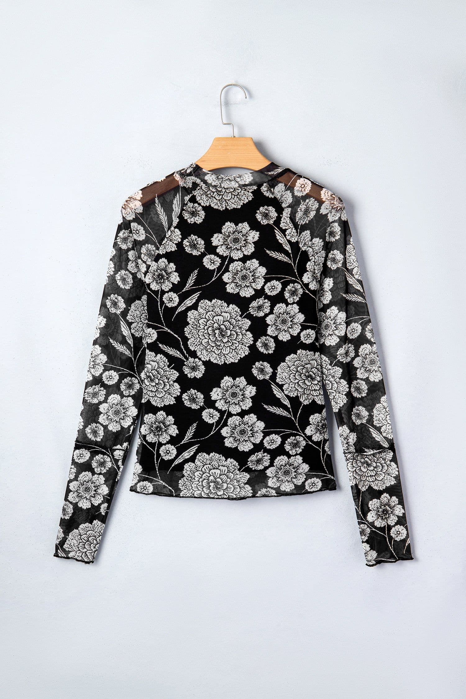 image-Black Thumbhole Long Sleeve Floral Print Mesh Top