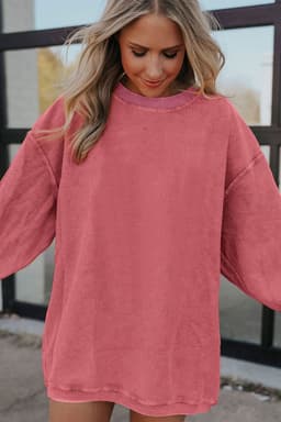 image-Strawberry Pink Ribbed Corded Oversized Sweatshirt