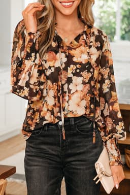 image-Black Floral V Neck Long Puff Sleeve Blouse