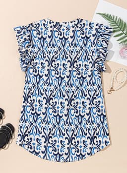 image-Sky Blue Boho Abstract Print Pintuck Detail Ruffled Top