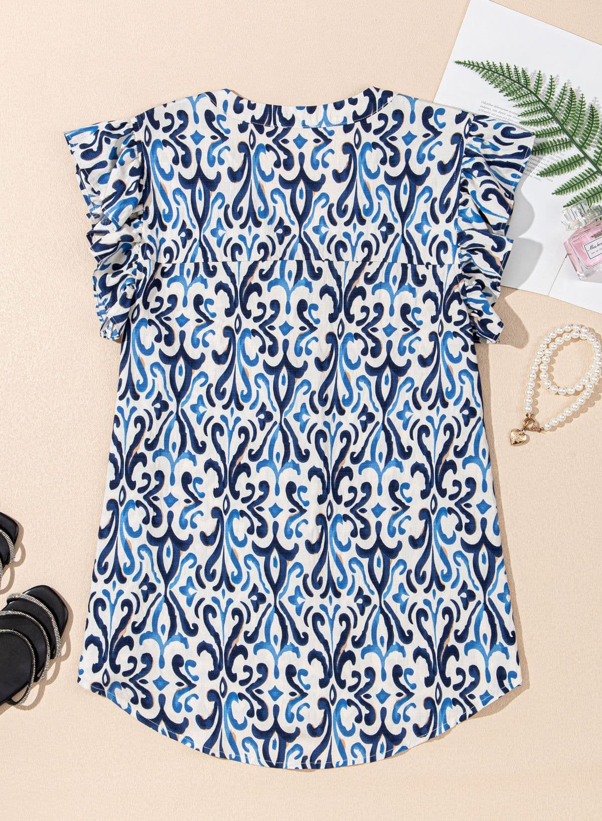 image-Sky Blue Boho Abstract Print Pintuck Detail Ruffled Top