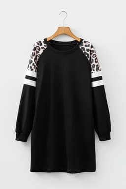 image-Black Leopard Print Patchwork Varsity Raglan Sleeve Sweatshirt Dress