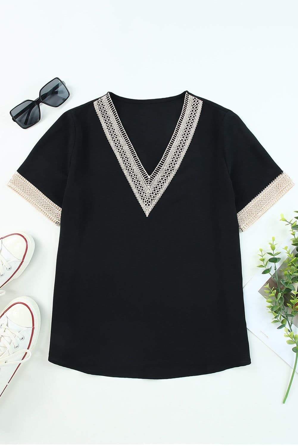 image-Black Lace Trim V-Neck Short Sleeve Blouse - Size Chart Available