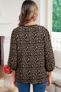image-Black Leopard Print Puffy Bracelet Sleeve Top