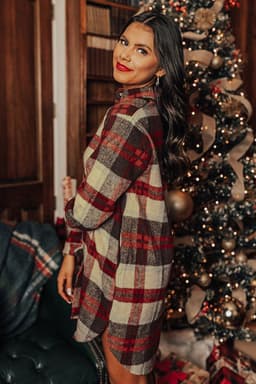 image-Red Brushed Plaid Buttoned Front Side Slit Tunic Shacket